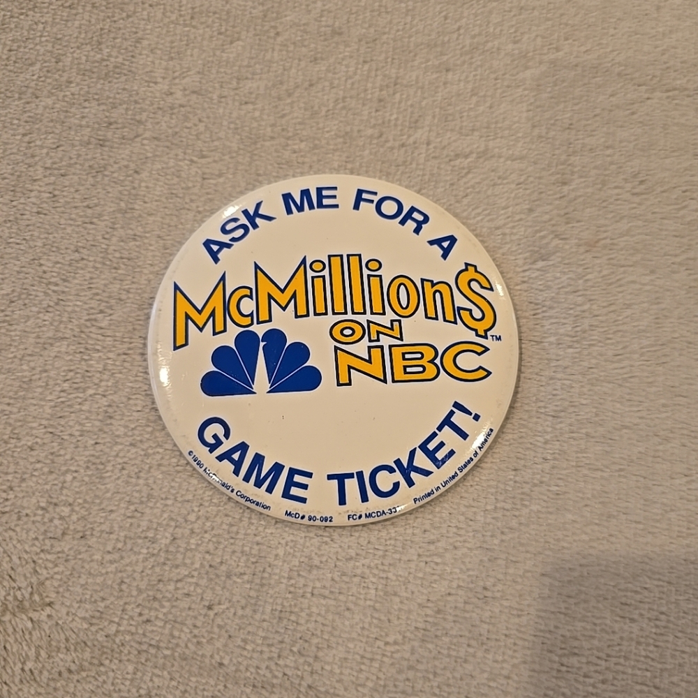1990 McDonald's Pin Ask Me For A McMillions On‎ NBC Game Ticket 3"